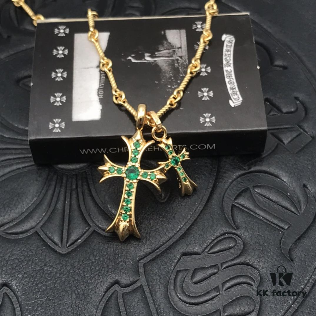 69300b9512f62673a6fabc47 High-Version Chrome Hearts Green Diamond Double Cross Necklace, Thick 22K Gold Plated, Distinct from Common 18K Gold Tone, 22K Offers a Rich Color Close to Pure Gold, One Necklace with Four Adjustable Chains, The Pinnacle of Cross Necklaces, A Timeless Classic