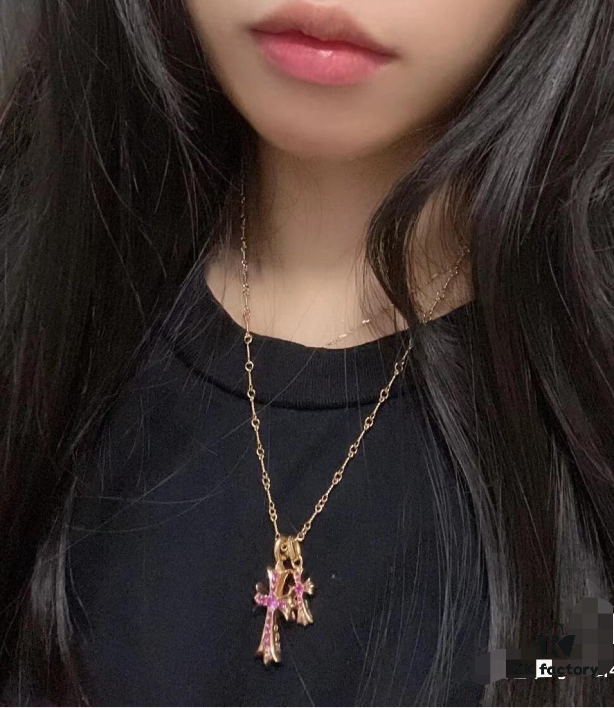 69300b9712f62673a6fabc4a High-End Chrome Hearts Pink Diamond Double Cross Necklace, Thick 22K Gold Plated, 50-70cm Adjustable Chain