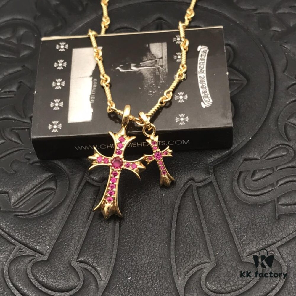 High-End Chrome Hearts Pink Diamond Double Cross Necklace, Thick 22K Gold Plated, 50-70cm Adjustable Chain