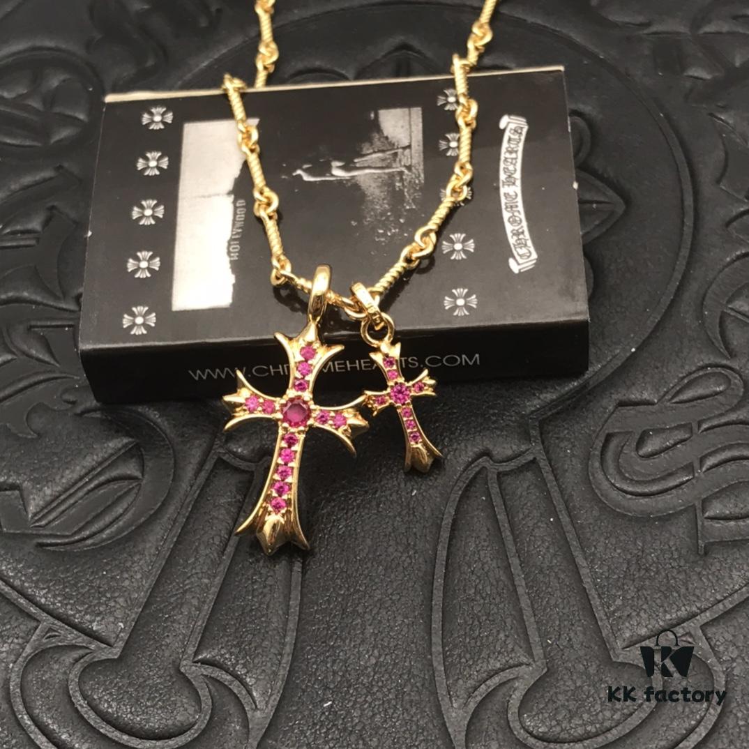 69300b9712f62673a6fabc4c High-End Chrome Hearts Pink Diamond Double Cross Necklace, Thick 22K Gold Plated, 50-70cm Adjustable Chain