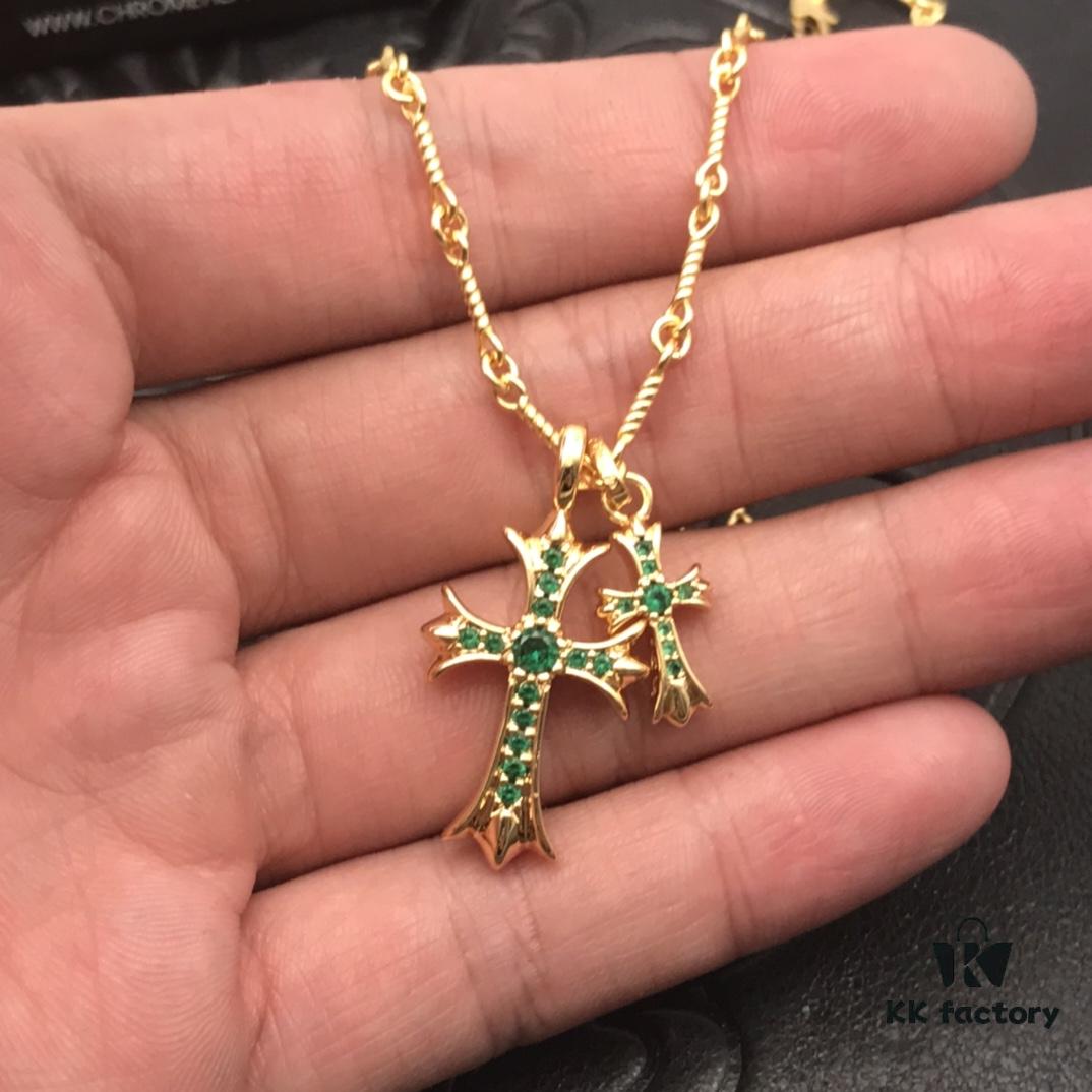 69300b9812f62673a6fabc4d High-Version Chrome Hearts Green Diamond Double Cross Necklace, Thick 22K Gold Plated, Distinct from Common 18K Gold Tone, 22K Offers a Rich Color Close to Pure Gold, One Necklace with Four Adjustable Chains, The Pinnacle of Cross Necklaces, A Timeless Classic