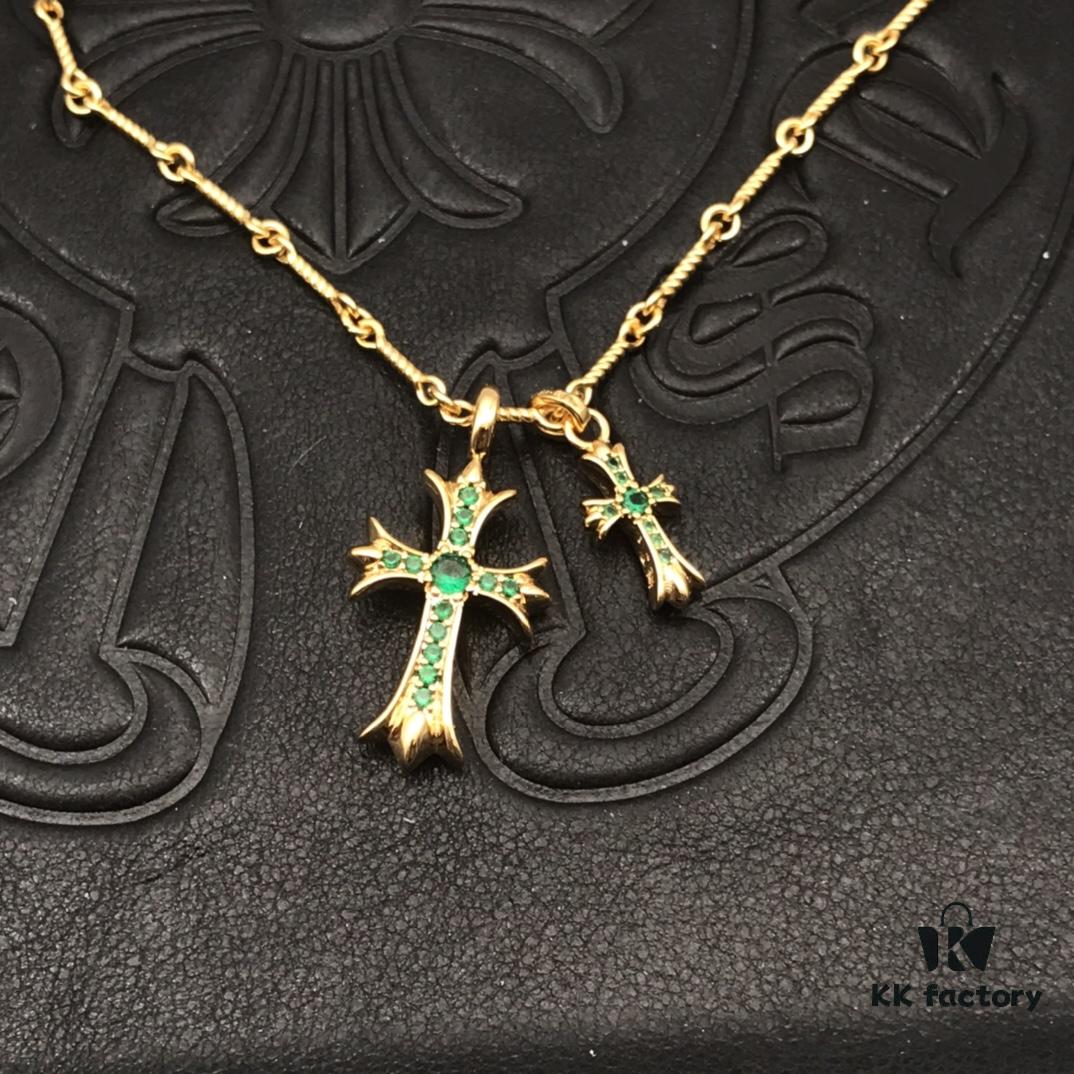 69300b9812f62673a6fabc50 High-Version Chrome Hearts Green Diamond Double Cross Necklace, Thick 22K Gold Plated, Distinct from Common 18K Gold Tone, 22K Offers a Rich Color Close to Pure Gold, One Necklace with Four Adjustable Chains, The Pinnacle of Cross Necklaces, A Timeless Classic