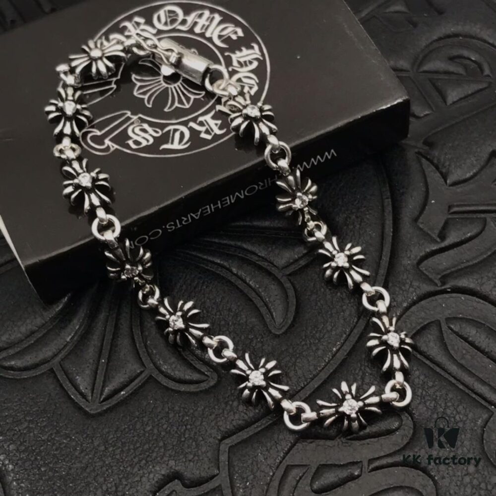 High-Grade Chrome Hearts Diamond-Paved Fine Cross Bracelet, Authentic Buckle Design, Original 14K Gold Engraved Insert, Unisex Wear, Sizes 17-18-19 Available