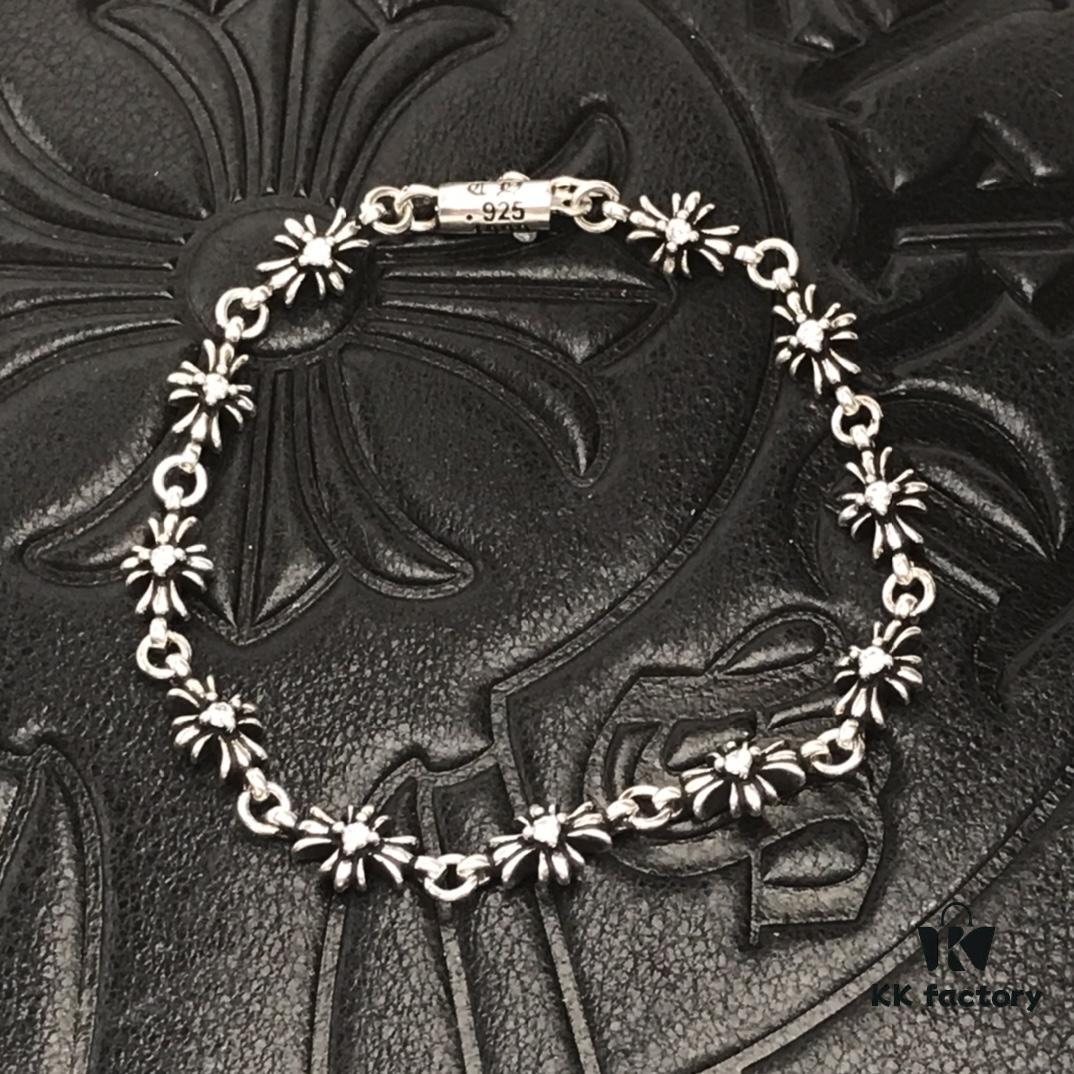 High-Grade Chrome Hearts Diamond-Paved Fine Cross Bracelet, Authentic Buckle Design, Original 14K Gold Engraved Insert, Unisex Wear, Sizes 17-18-19 Available