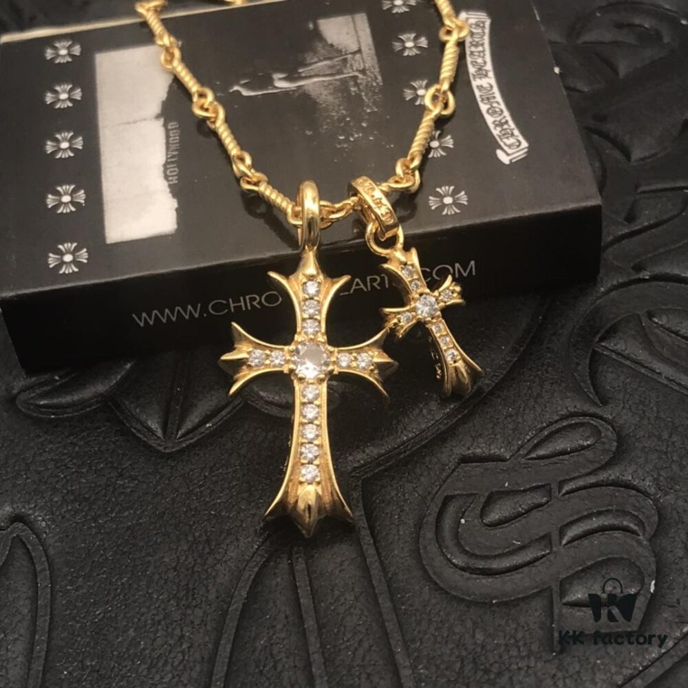 69300bb112f62673a6fabc79 High-Version Chrome Hearts White Diamond Double Cross Necklace, Thick 22K Gold Plated, 50-70cm Adjustable Chain