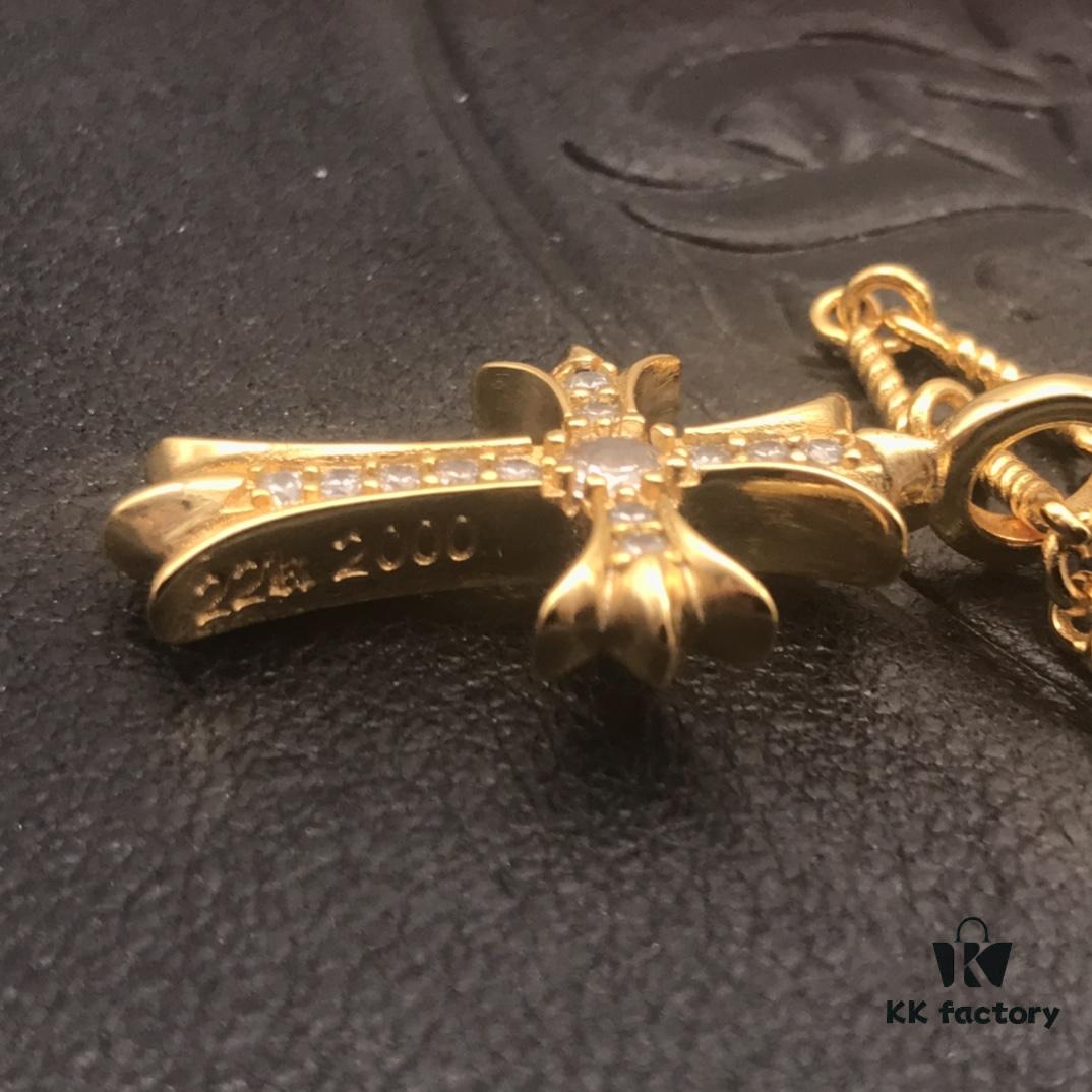 69300bb212f62673a6fabc7a High-Version Chrome Hearts White Diamond Double Cross Necklace, Thick 22K Gold Plated, 50-70cm Adjustable Chain