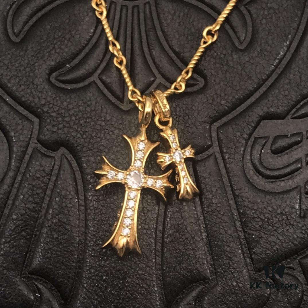 69300bb212f62673a6fabc7c High-Version Chrome Hearts White Diamond Double Cross Necklace, Thick 22K Gold Plated, 50-70cm Adjustable Chain
