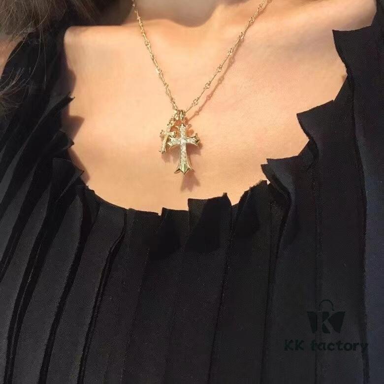 69300bb412f62673a6fabc80 High-Version Chrome Hearts White Diamond Double Cross Necklace, Thick 22K Gold Plated, 50-70cm Adjustable Chain