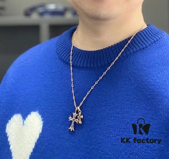 69300bb612f62673a6fabc82 High-Version Chrome Hearts Blue Diamond Double Cross Necklace, Thick 22K Gold Plated, 50-70cm Adjustable Chain