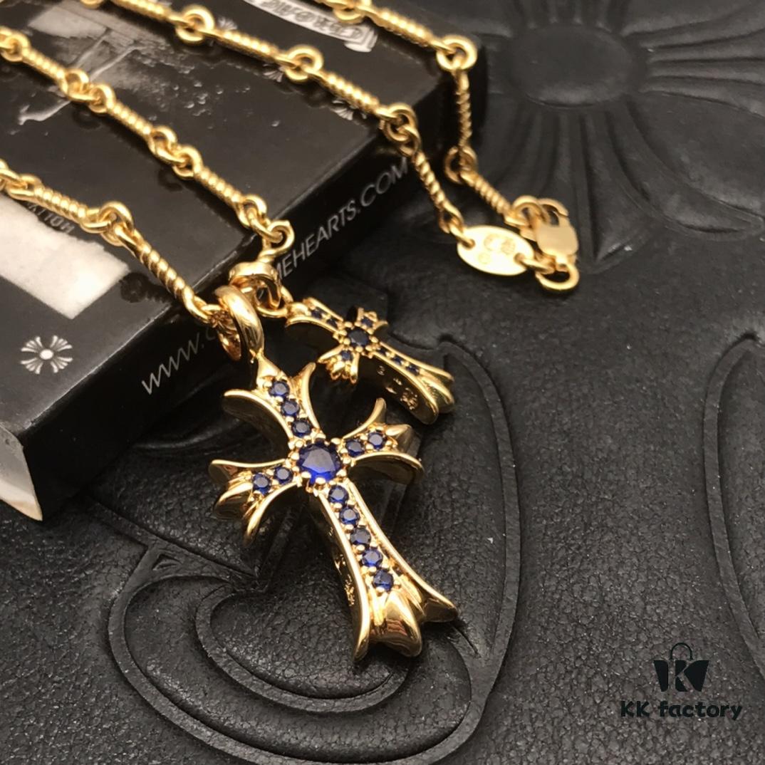 69300bb612f62673a6fabc83 High-Version Chrome Hearts Blue Diamond Double Cross Necklace, Thick 22K Gold Plated, 50-70cm Adjustable Chain