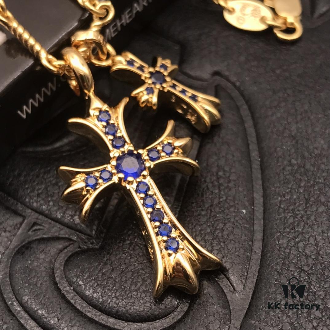 69300bb712f62673a6fabc84 High-Version Chrome Hearts Blue Diamond Double Cross Necklace, Thick 22K Gold Plated, 50-70cm Adjustable Chain