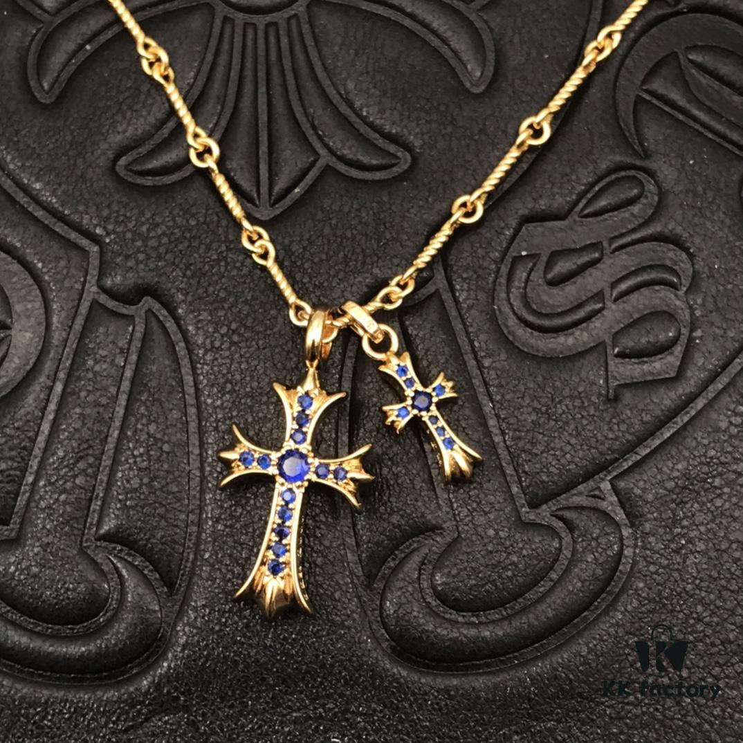 69300bb712f62673a6fabc85 High-Version Chrome Hearts Blue Diamond Double Cross Necklace, Thick 22K Gold Plated, 50-70cm Adjustable Chain
