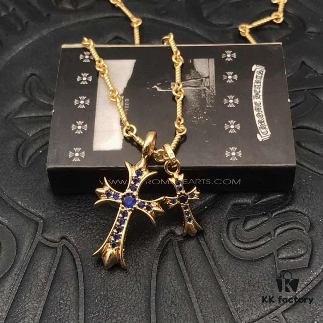 69300bb712f62673a6fabc86 High-Version Chrome Hearts Blue Diamond Double Cross Necklace, Thick 22K Gold Plated, 50-70cm Adjustable Chain