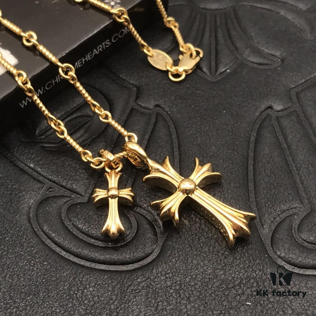 69300bba12f62673a6fabc88 High-Version Chrome Hearts Blue Diamond Double Cross Necklace, Thick 22K Gold Plated, 50-70cm Adjustable Chain