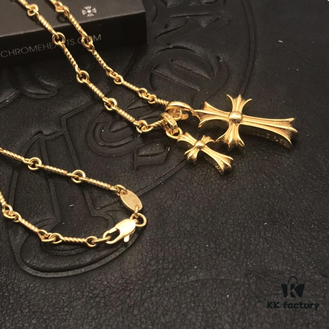 69300bd912f62673a6fabcb6 High-Version Chrome Hearts White Diamond Double Cross Necklace, Thick 22K Gold Plated, 50-70cm Adjustable Chain
