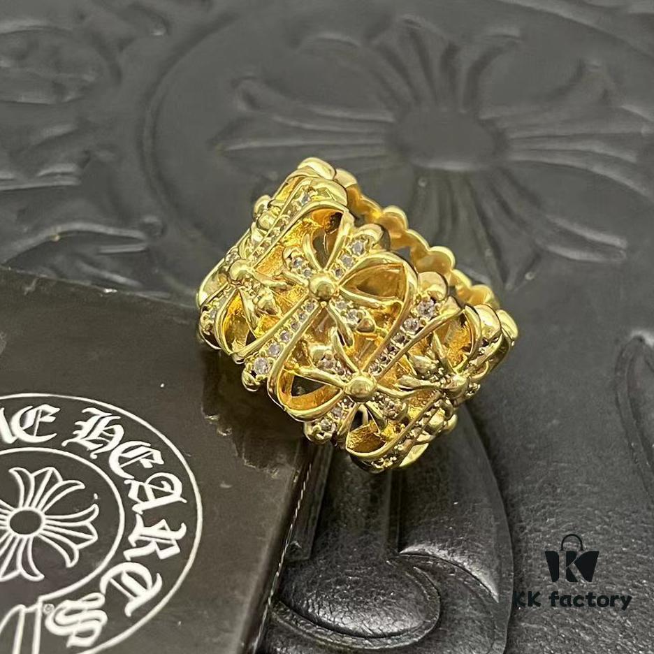 CHROME HEARTS High-Replica Crooked Cross 22K Gold Diamond-Inlaid Burial Cross Ring
