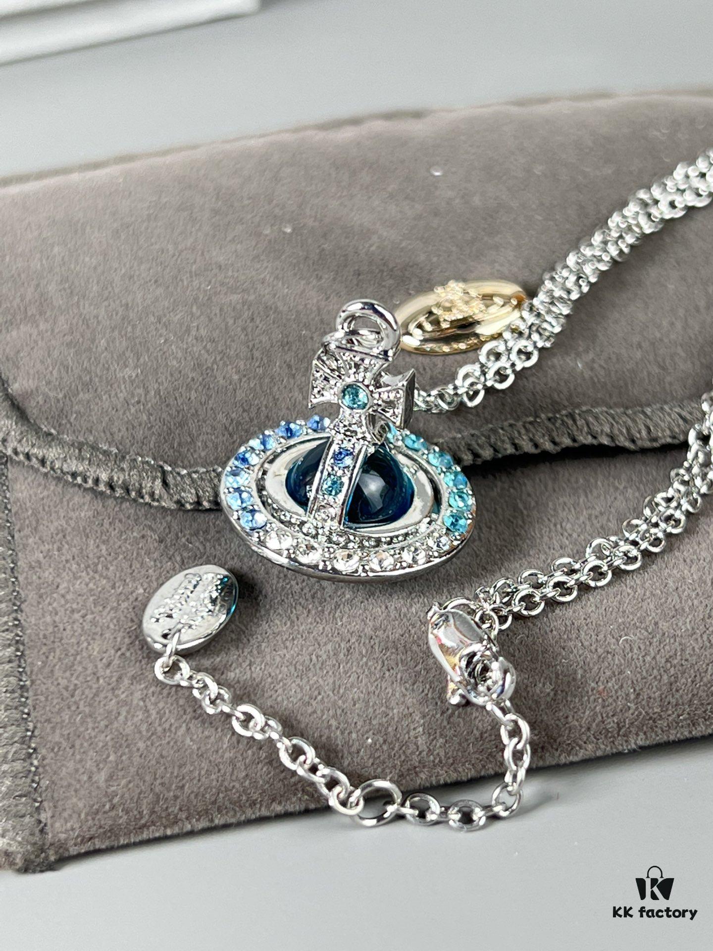 69300d3112f62673a6fabf03 Vivienne Westwood Saturn Necklace in Silver and Blue with Gradient Small Diamonds