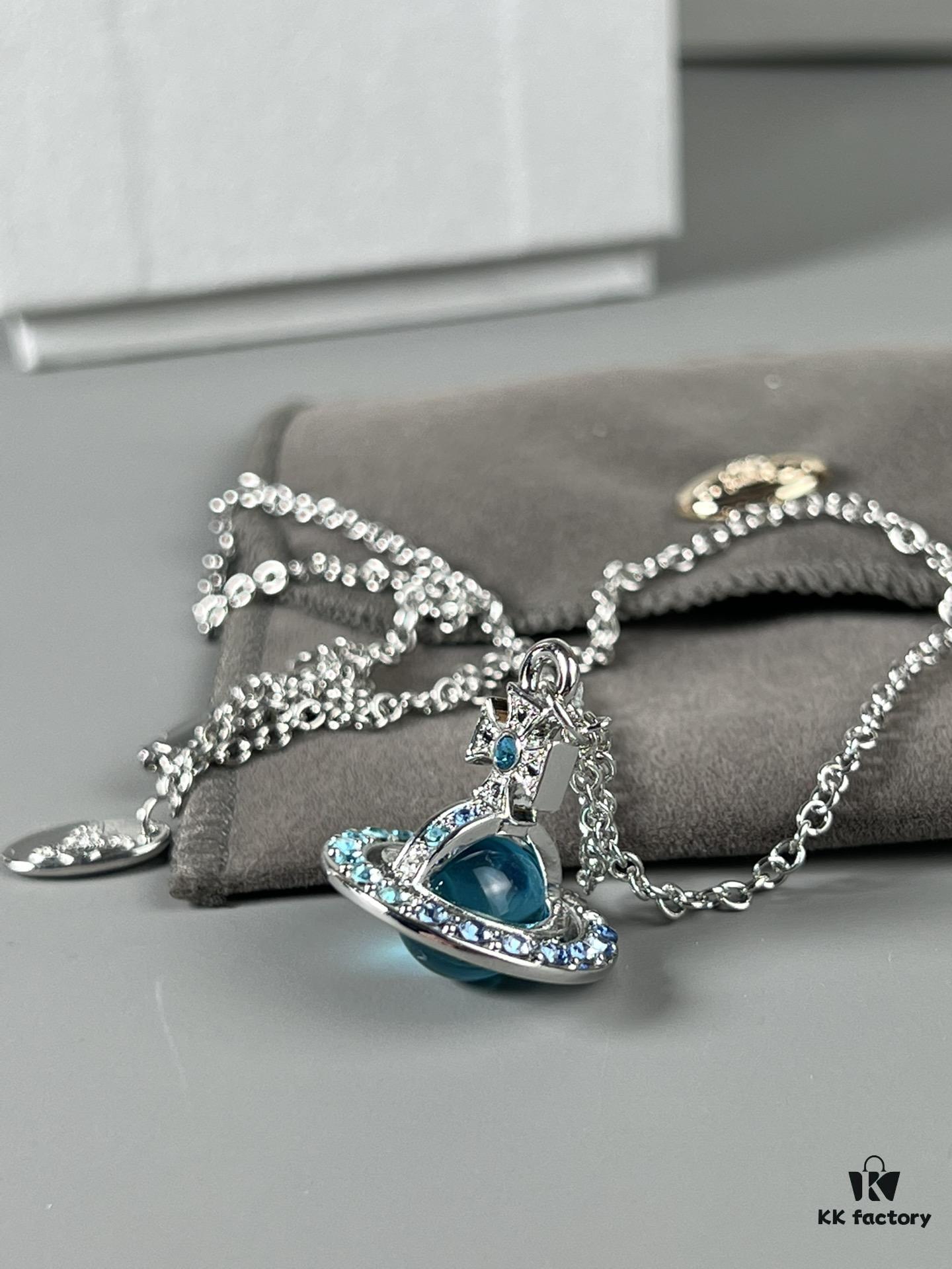 69300d3312f62673a6fabf06 Vivienne Westwood Saturn Necklace in Silver and Blue with Gradient Small Diamonds