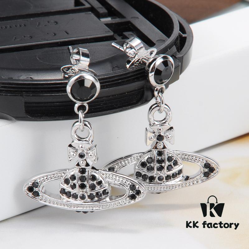 West Grandma Black Crystal Diamond Platform Saturn Stud Earrings