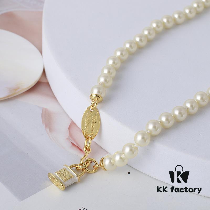 69300da112f62673a6fabfd6 Wholesale European and American Fashion Jewelry Saturn Pearl and Enamel 3D Small Lock Necklace for Women, Drop Shipping Available