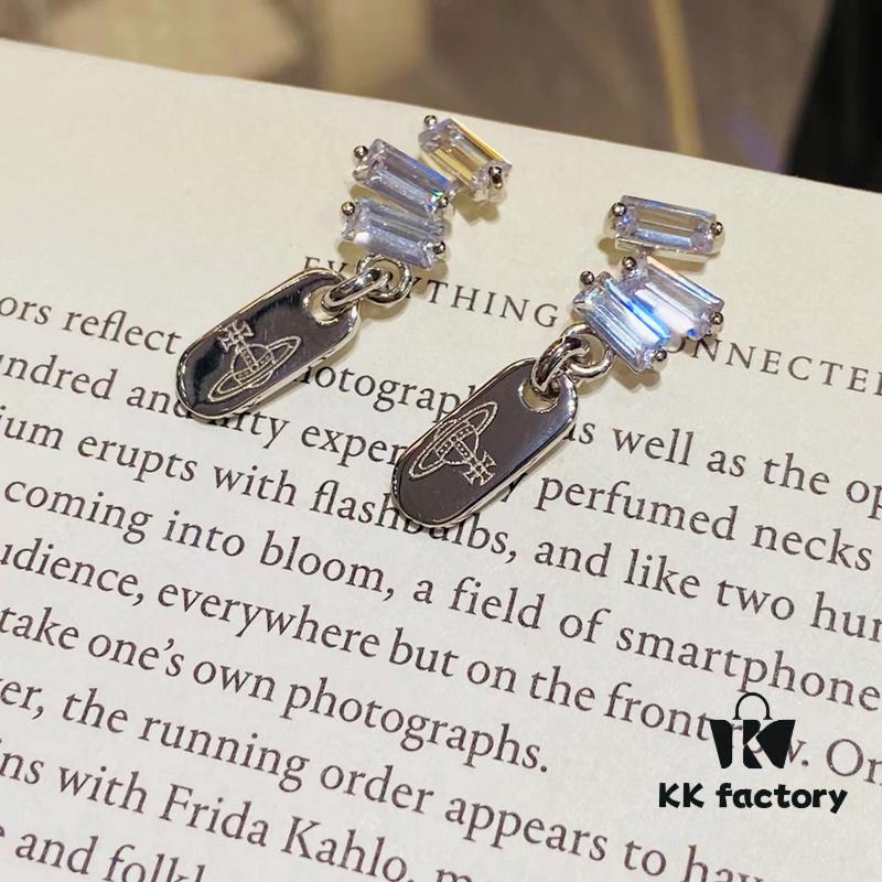 West Queen Square Zircon Dangle Rectangular Stud Earrings - Silver