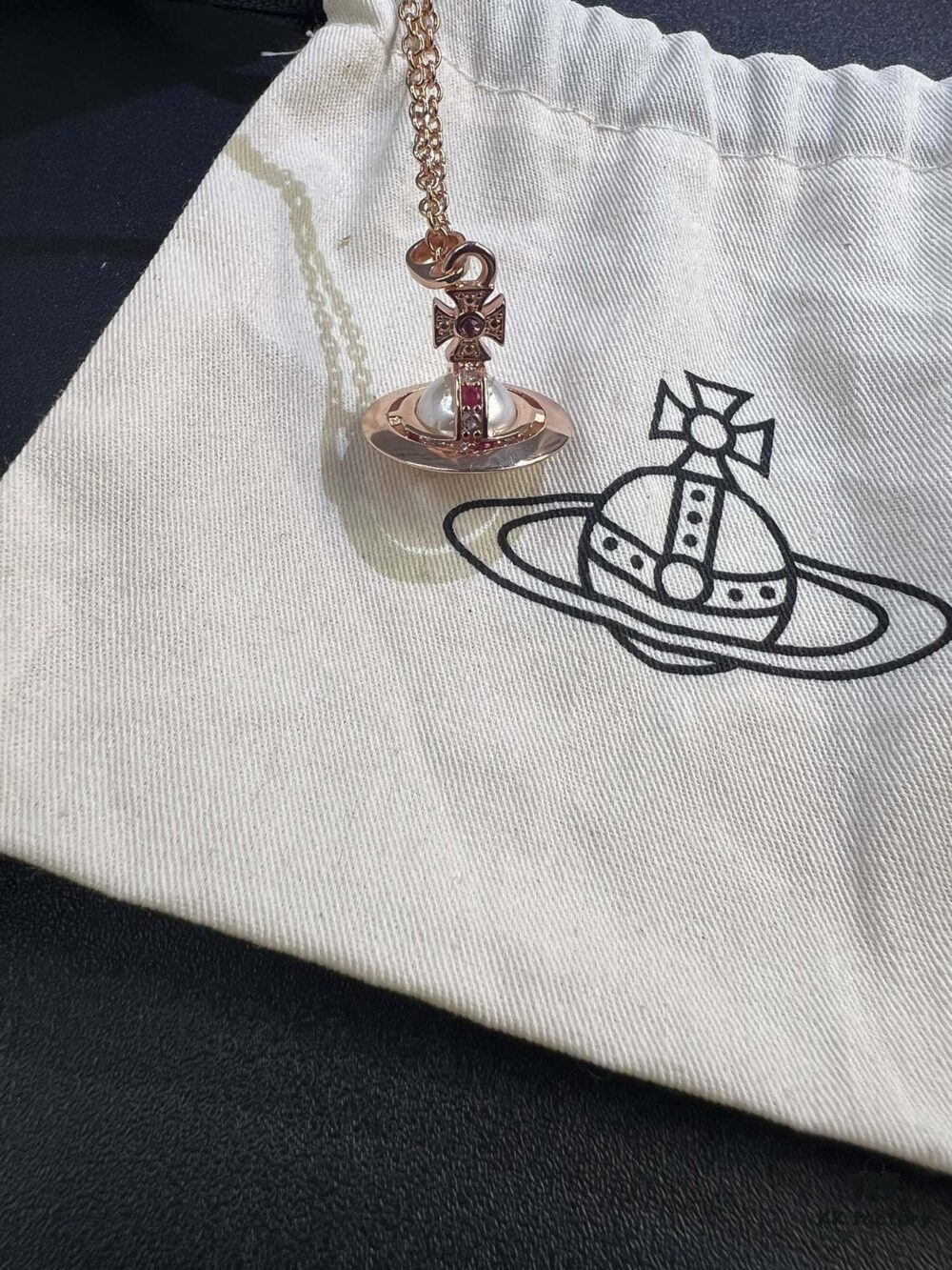West Queen Rose Gold Pearl Pink Diamond Saturn Necklace
