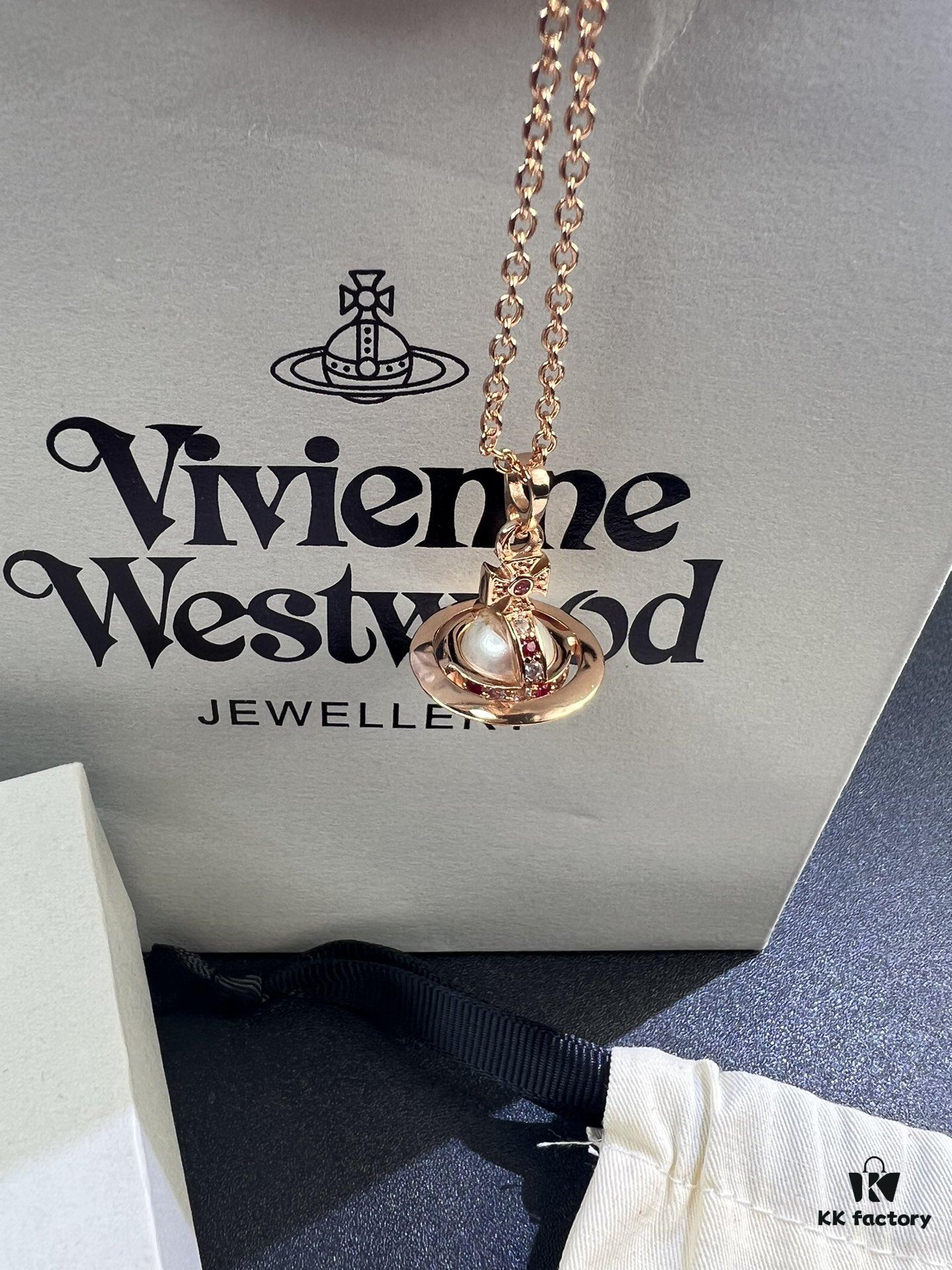 West Queen Rose Gold Pearl Pink Diamond Saturn Necklace