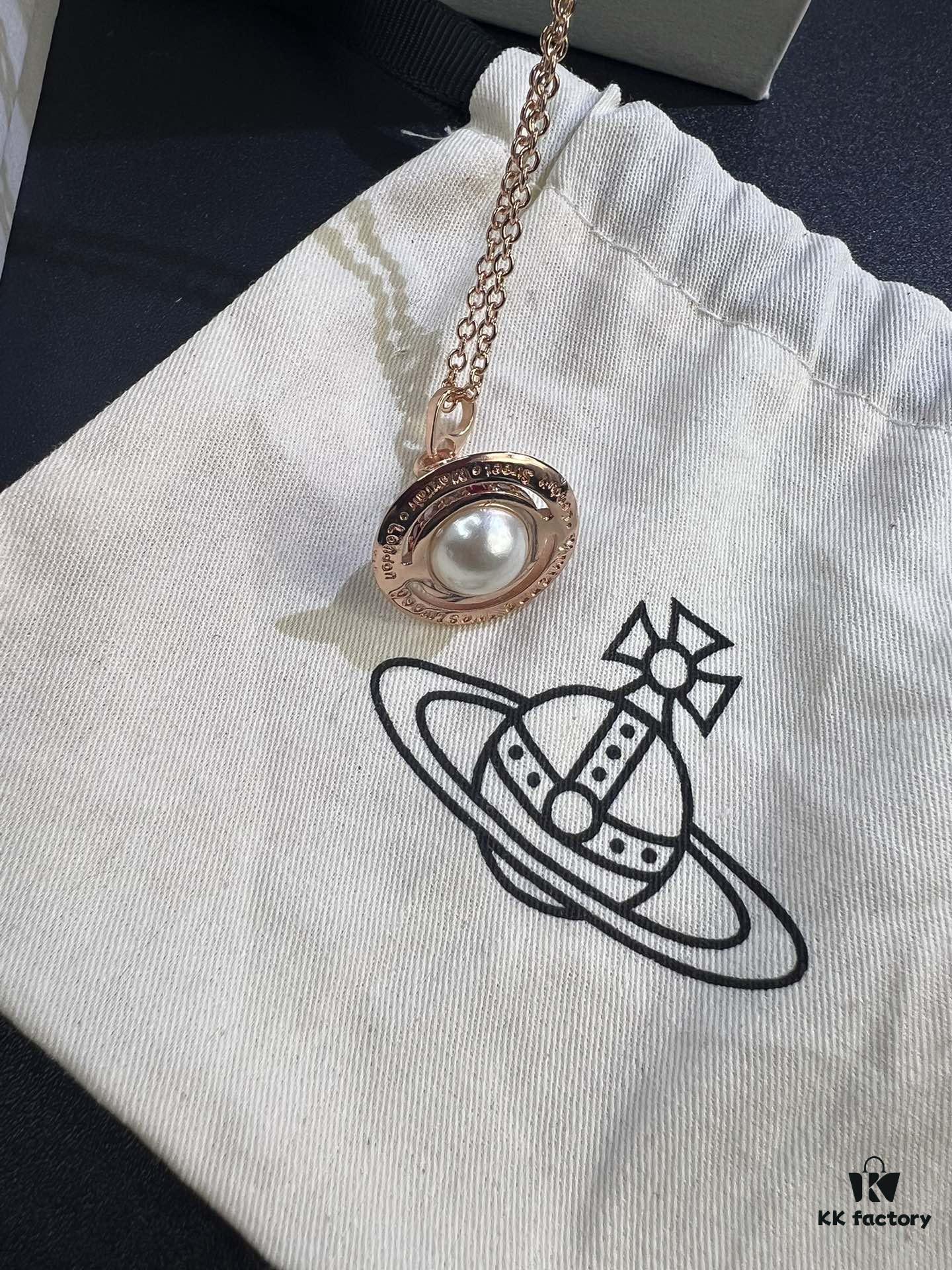 West Queen Rose Gold Pearl Pink Diamond Saturn Necklace
