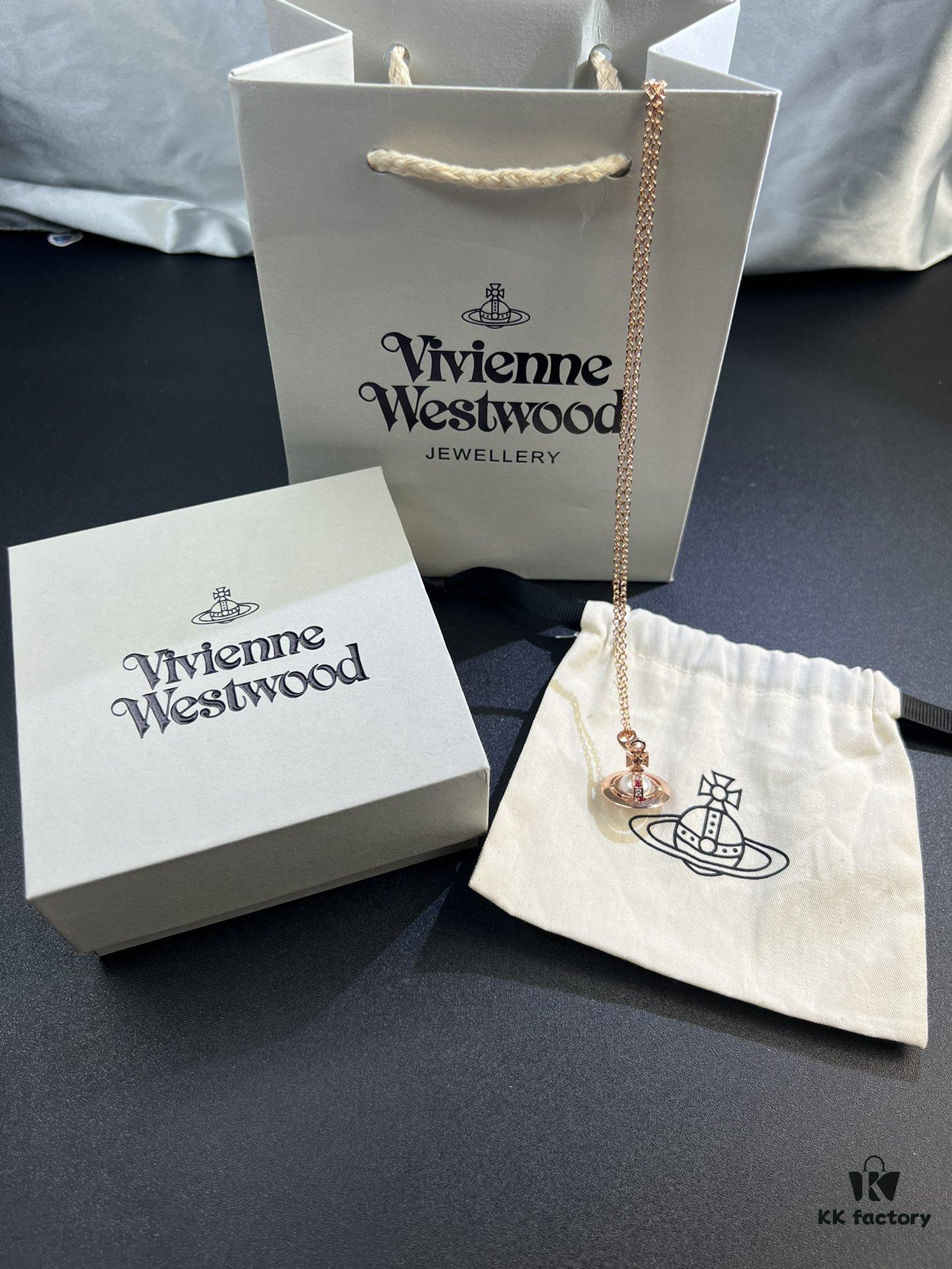 West Queen Rose Gold Pearl Pink Diamond Saturn Necklace