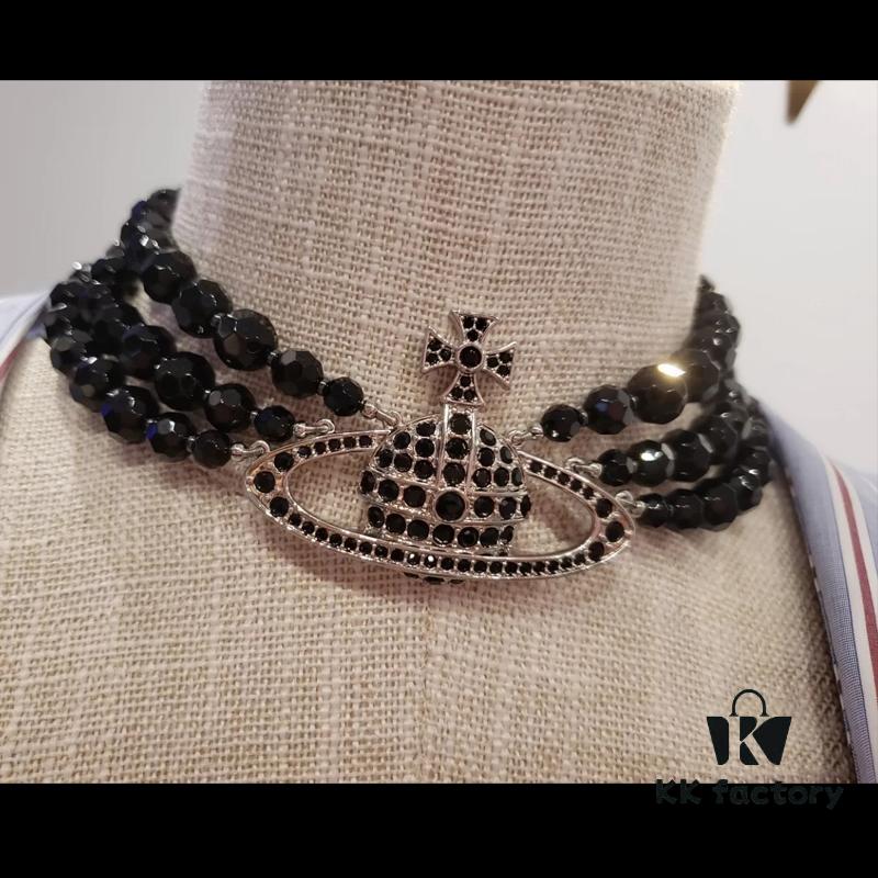 69300eda12f62673a6fac18f Vivienne Westwood Black Crystal Triple Saturn Necklace, Slimming Design