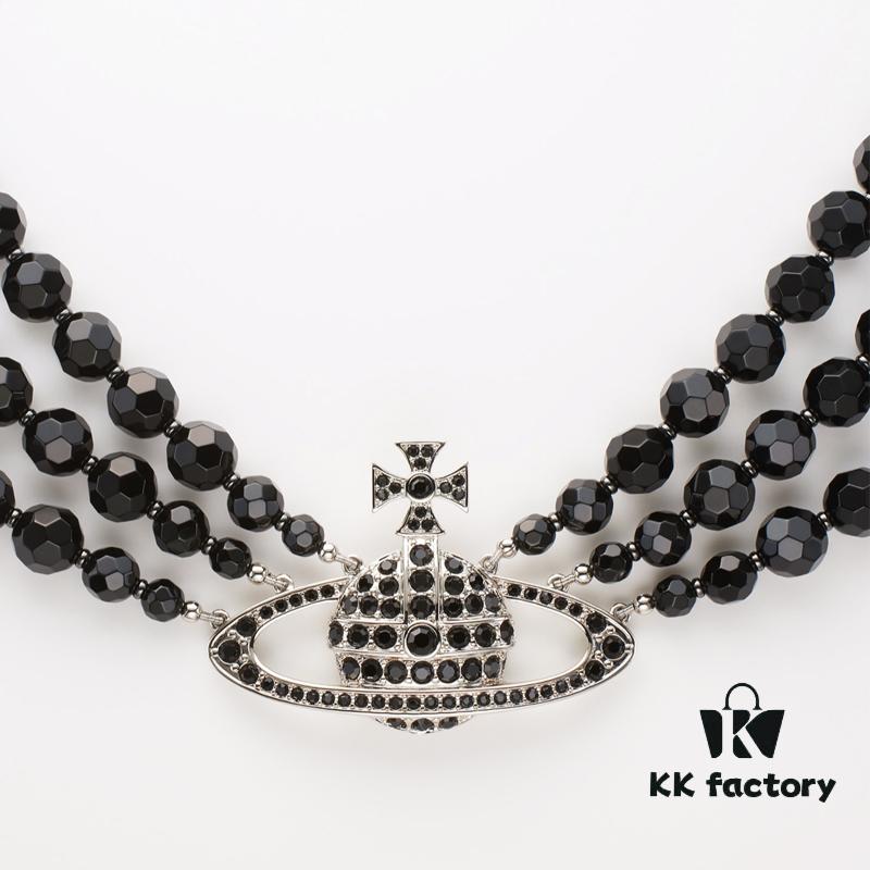 69300edb12f62673a6fac191 Vivienne Westwood Black Crystal Triple Saturn Necklace, Slimming Design