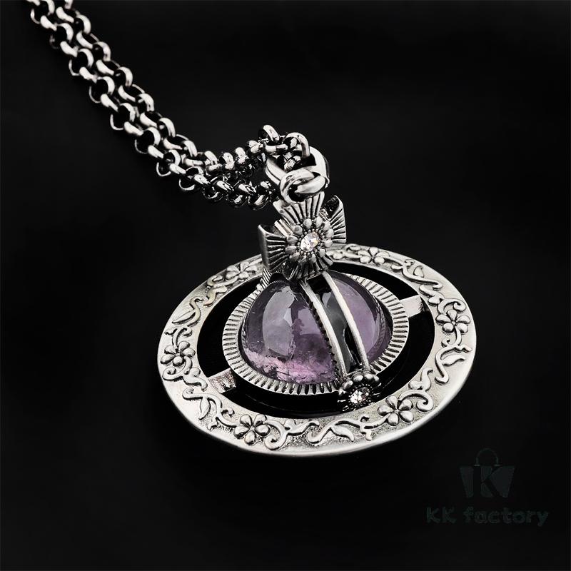 69300efc12f62673a6fac1c7 Vivienne Westwood Large Vintage Silver 3D Carved Necklace - Amethyst