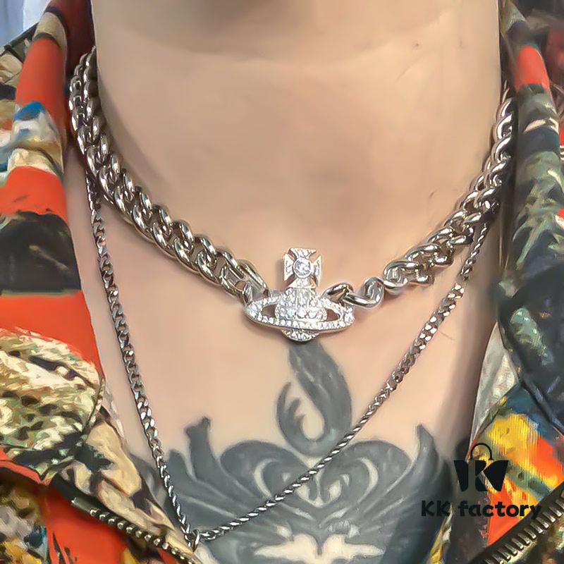 West Grandma Full Diamond Magnetic Single-Layer P-Shaped Link Necklace - White Gold Color