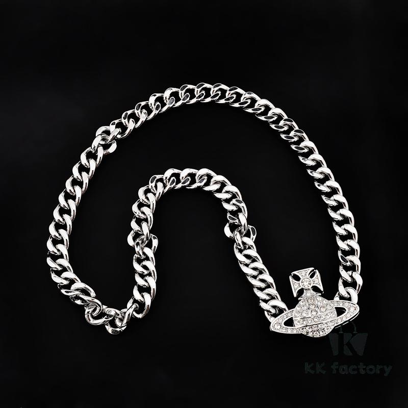 West Grandma Full Diamond Magnetic Single-Layer P-Shaped Link Necklace - White Gold Color