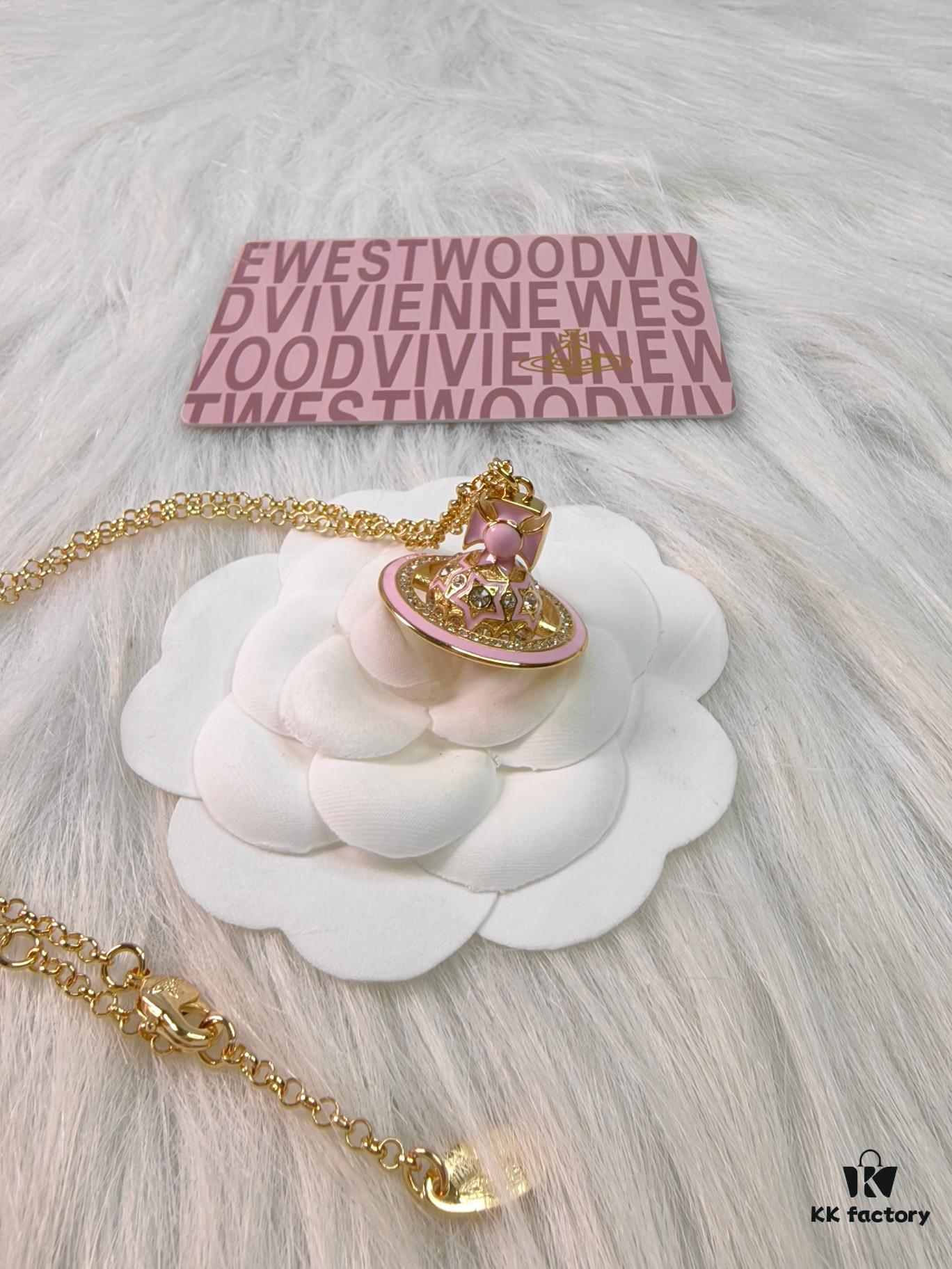 69300f9b12f62673a6fac2bf Vivienne Westwood Pink 3D Planet Sparkling Rhinestone Necklace