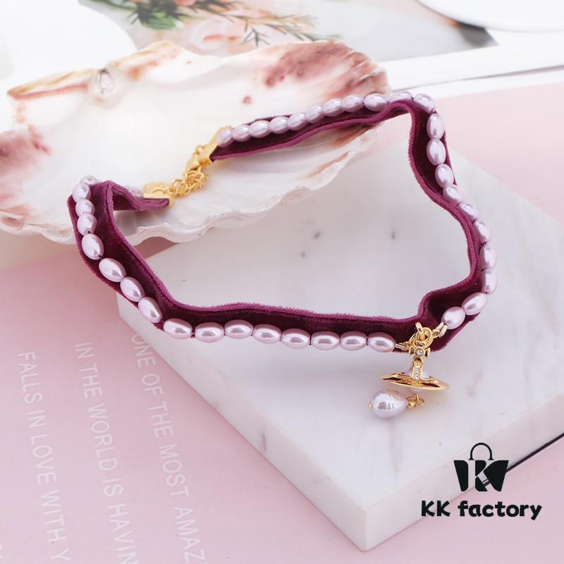 West Queen Baroque Single-Layer 3D Ribbon Necklace - Gold and Purple Beads