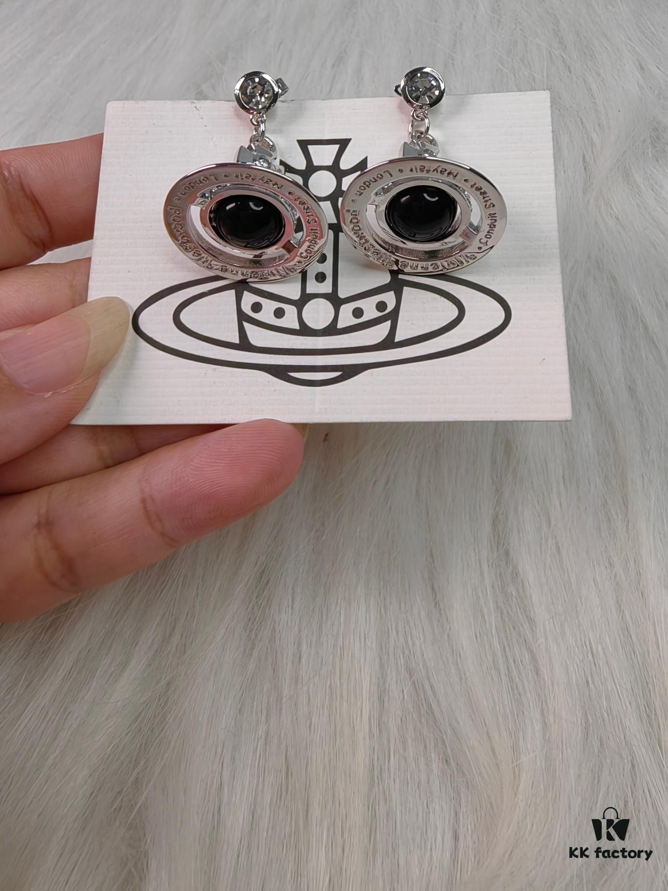 West Queen Black Glass Bead Earrings in White Gold Tone
