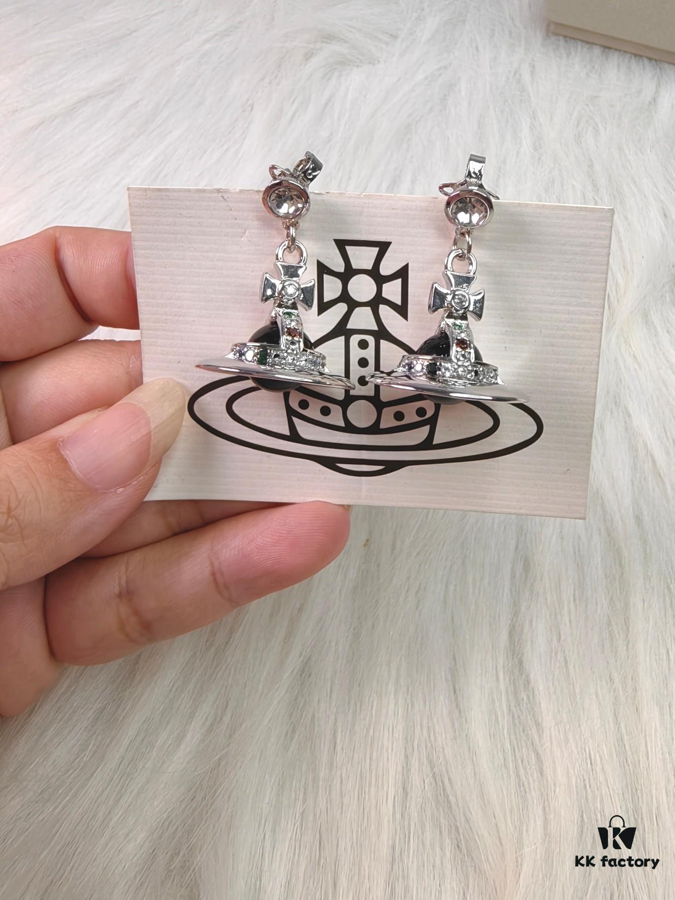 West Queen Black Glass Bead Earrings in White Gold Tone