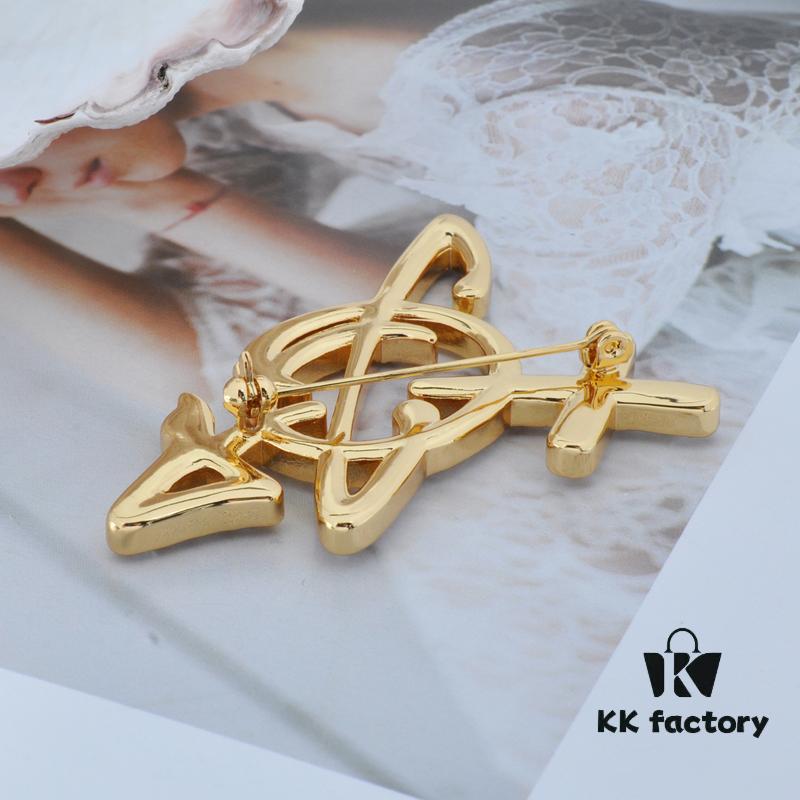 6930100712f62673a6fac374 West Queen Full Diamond Line Arrow Saturn Brooch - Gold 6*5CM