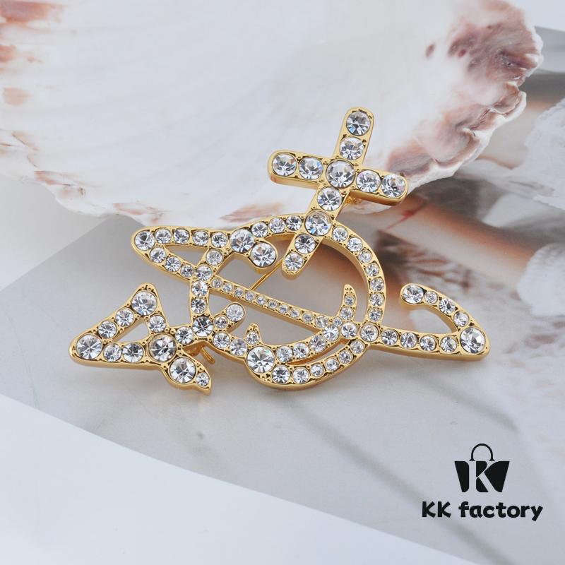 6930100712f62673a6fac375 West Queen Full Diamond Line Arrow Saturn Brooch - Gold 6*5CM
