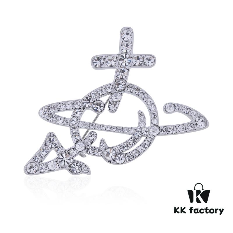 West Queen Full Diamond Arrow Saturn Brooch - Silver 6*5CM
