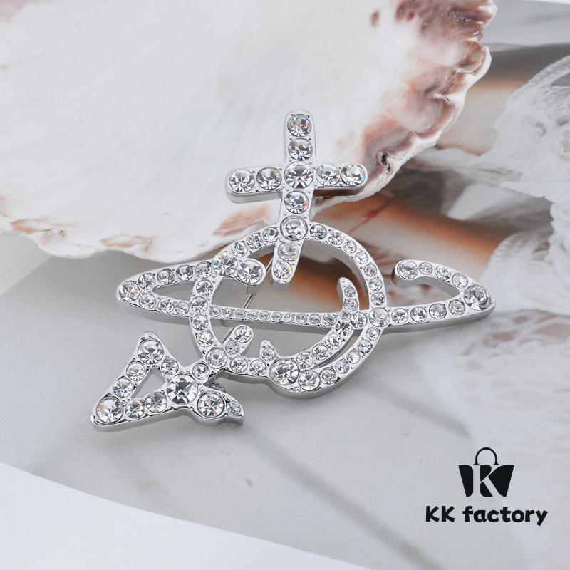 West Queen Full Diamond Arrow Saturn Brooch - Silver 6*5CM