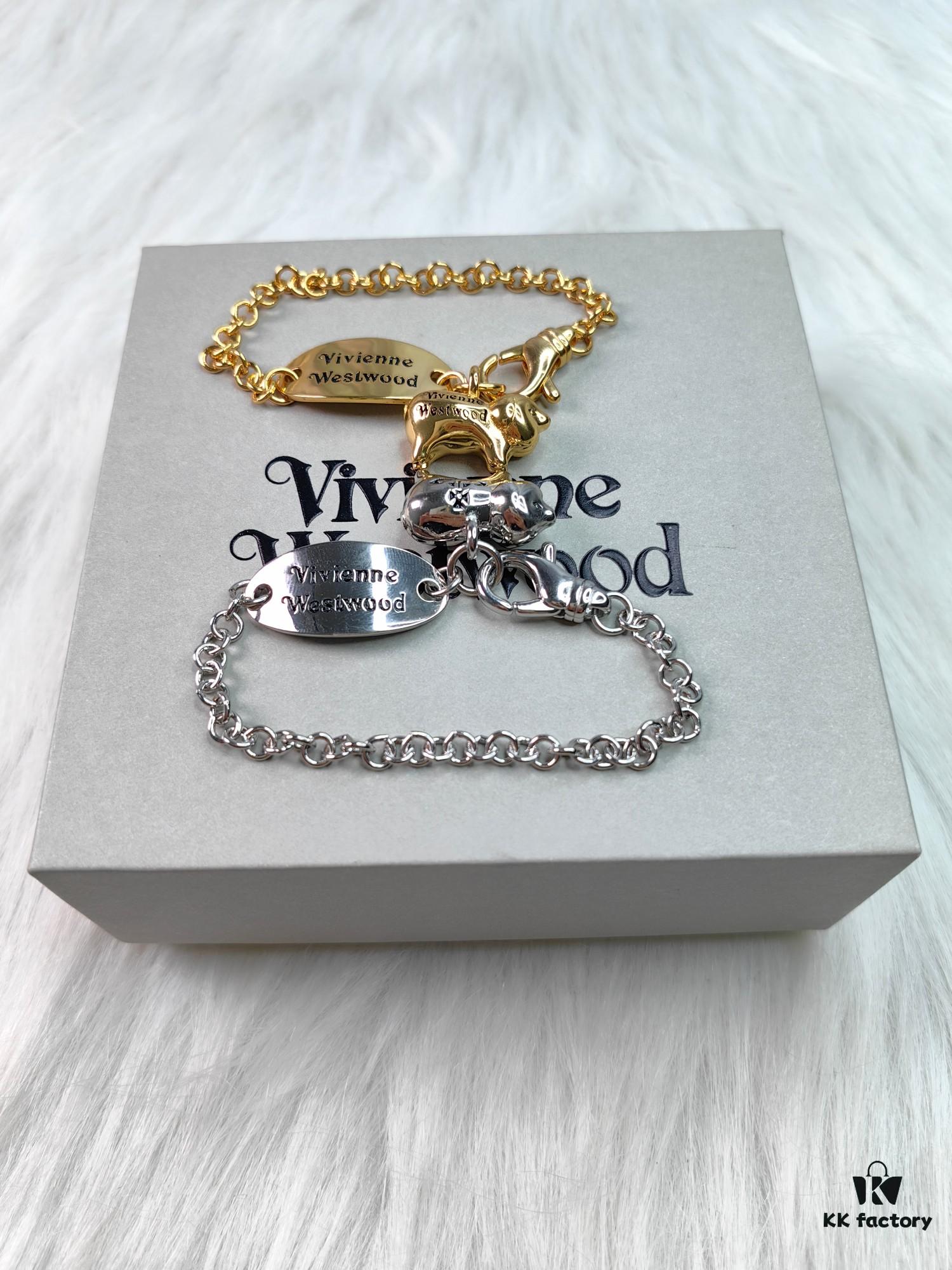 6930105a12f62673a6fac3fe Vivienne Westwood Pig Bracelet in Gold and White Gold Color, In Stock