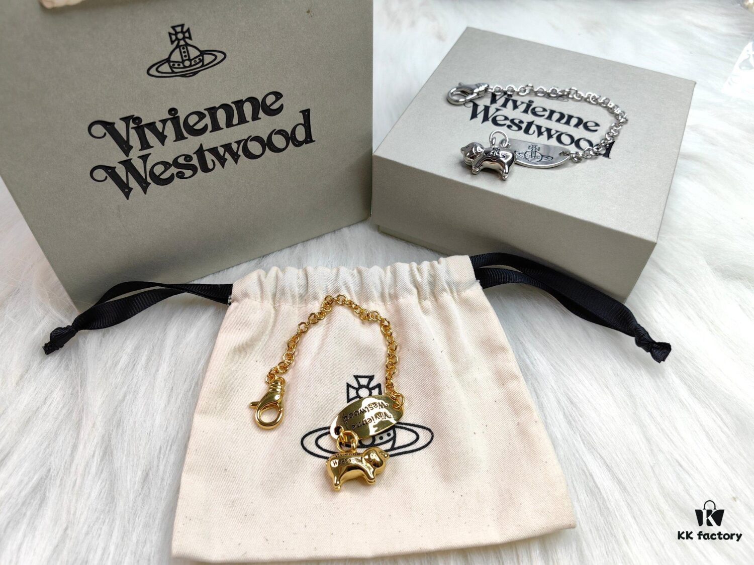 6930105d12f62673a6fac403 Vivienne Westwood Pig Bracelet in Gold and White Gold Color, In Stock