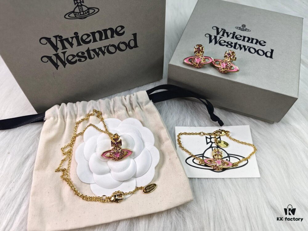 6930106212f62673a6fac40e Vivienne Westwood Gold Plated Pink Star Necklace, Bracelet, and Stud Earrings Set