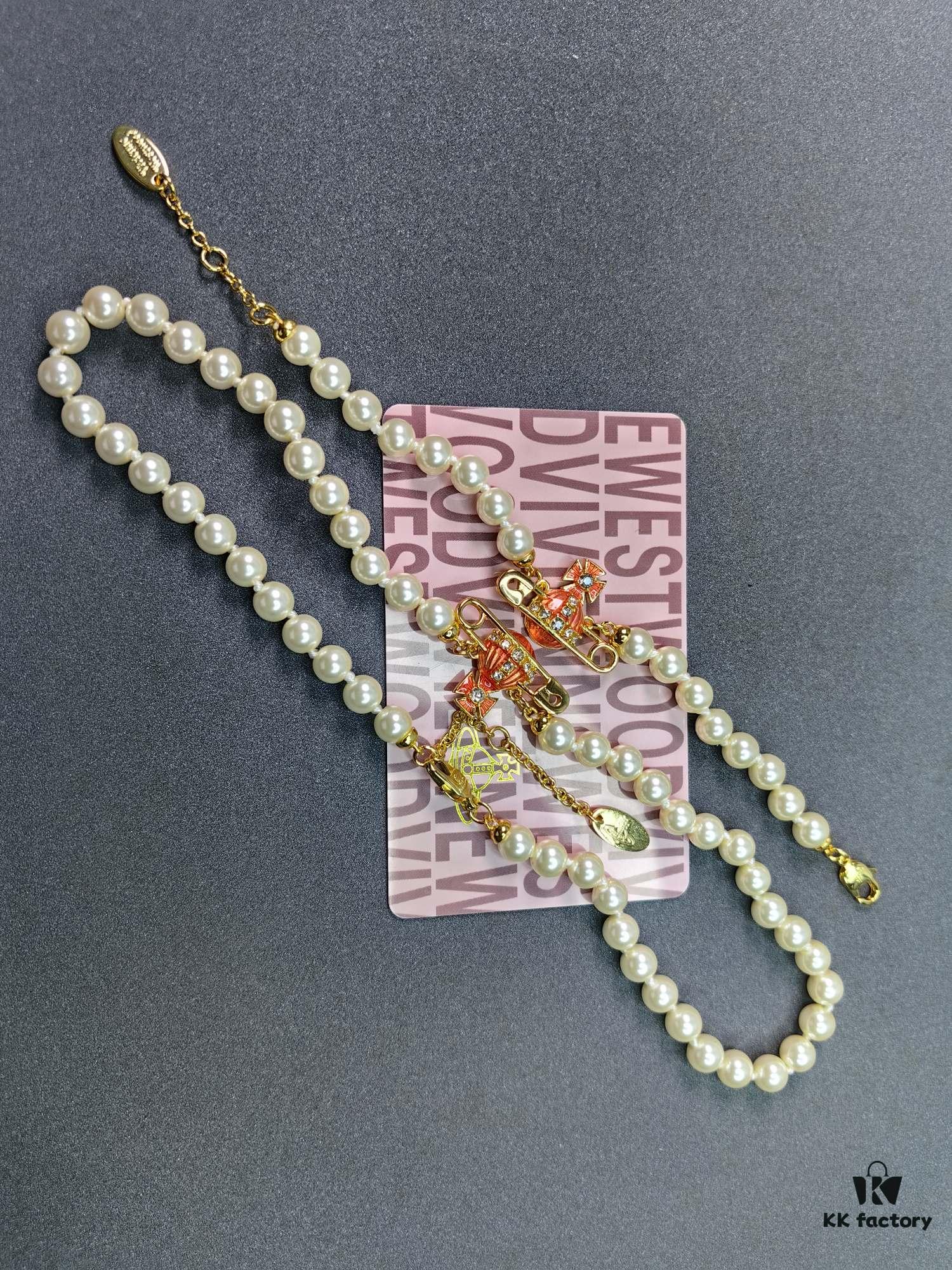 6930107412f62673a6fac422 West Queen Enamel Saturn Brooch Orange Necklace and Bracelet, Pearl Necklace and Bracelet Set