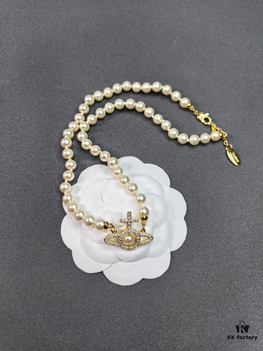 6930108112f62673a6fac435 West Queen Cross Pearl Necklace with Stripe Design - Gold