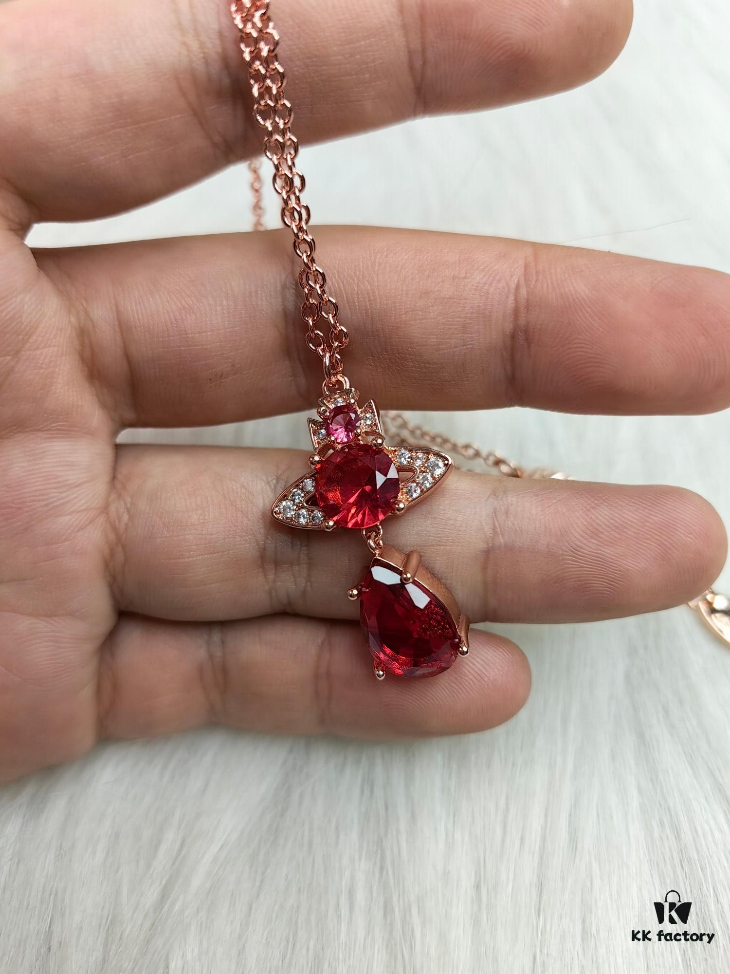 West Queen Rose Gold Deep Red Teardrop Necklace