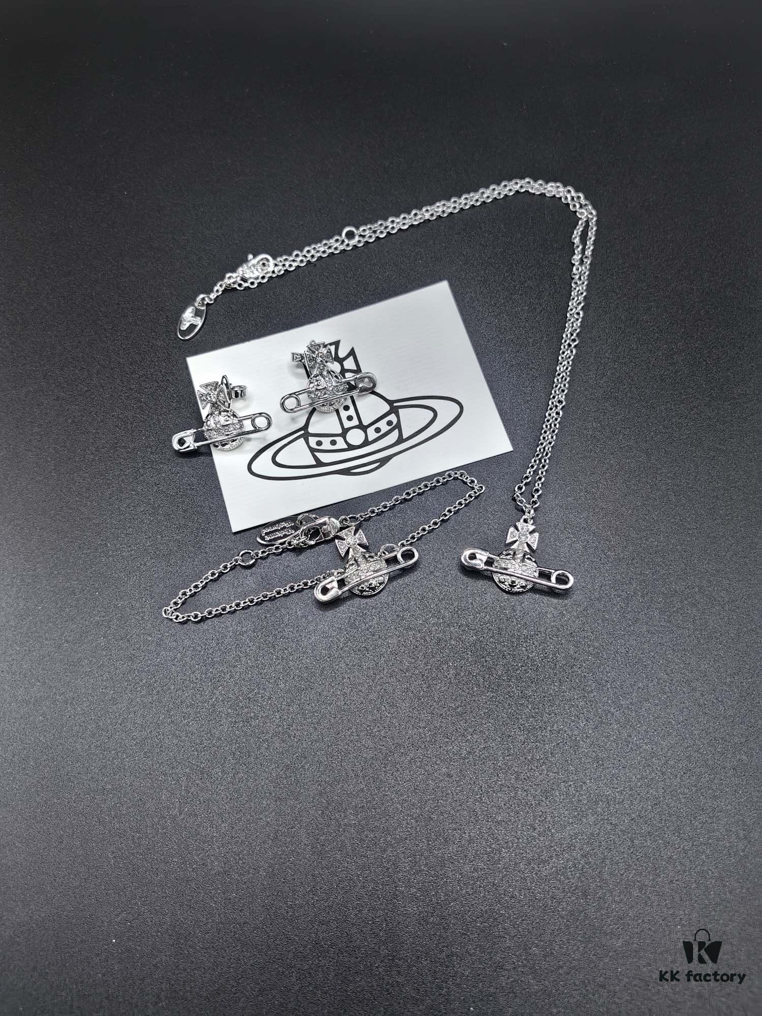 West Grandma Full Diamond Saturn Pin Necklace, Bracelet, and Stud Earrings Set in White Gold Color