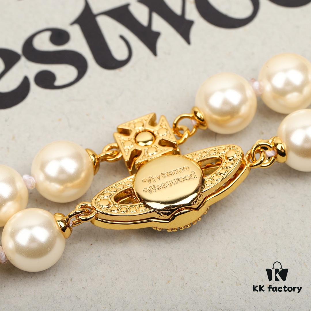 West Queen Full Crystal Saturn Double Layer Pearl Necklace